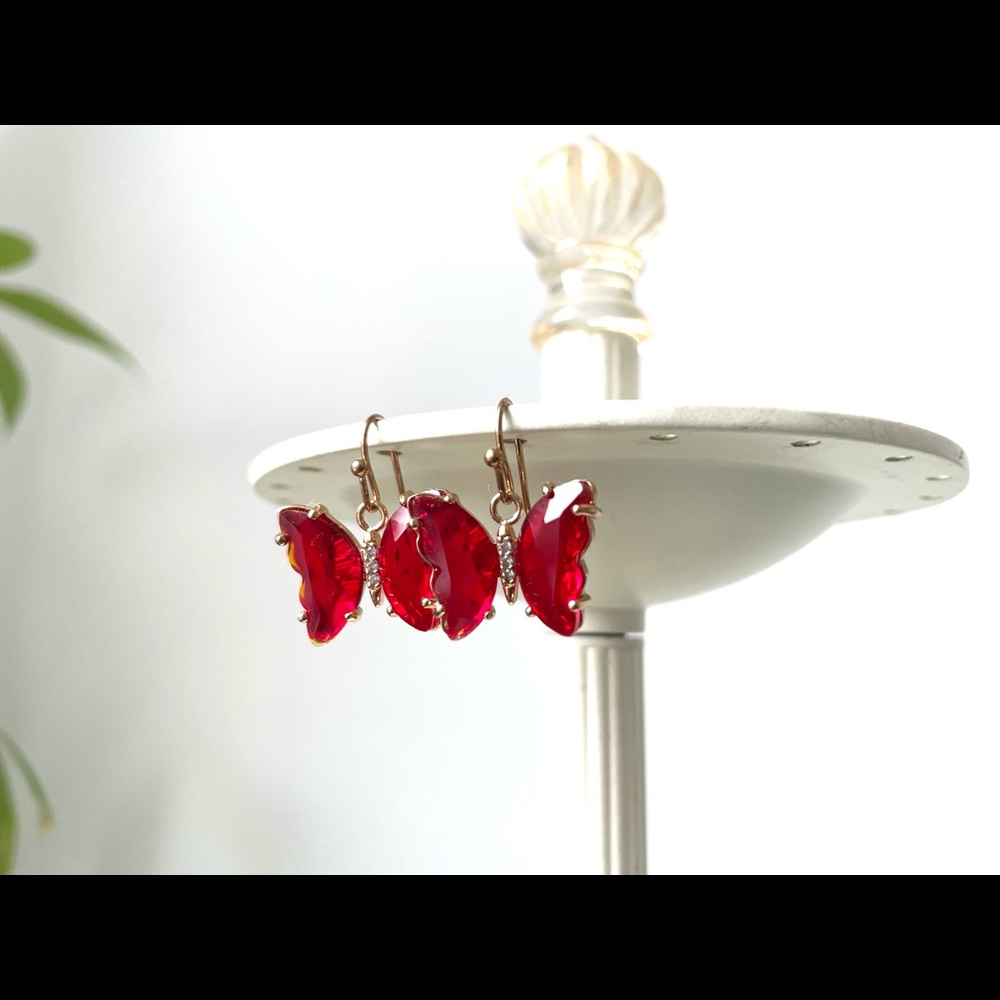 Gold and Red Butterfly Drop Earrings - Picture 3 of 6